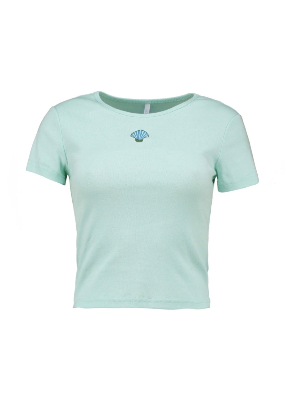 Hailys Cropped T-Shirt Damen – Türkis mit Muschel