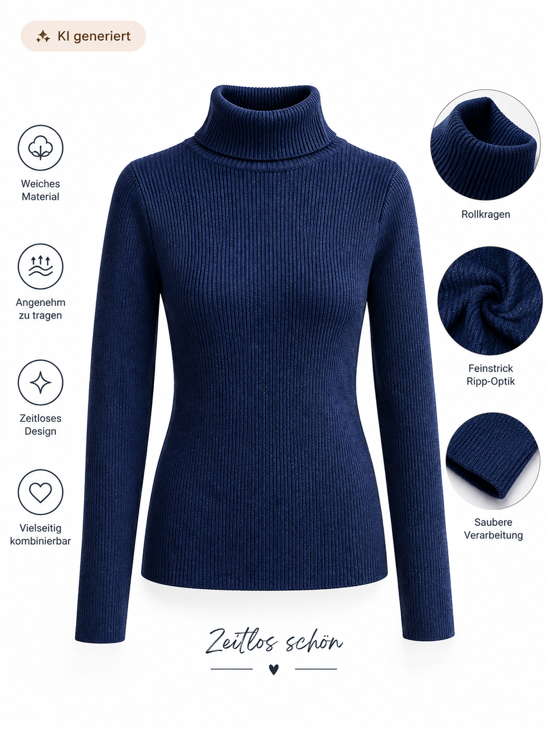 Eleganter Rippstrick-Rollkragenpullover – Marineblau