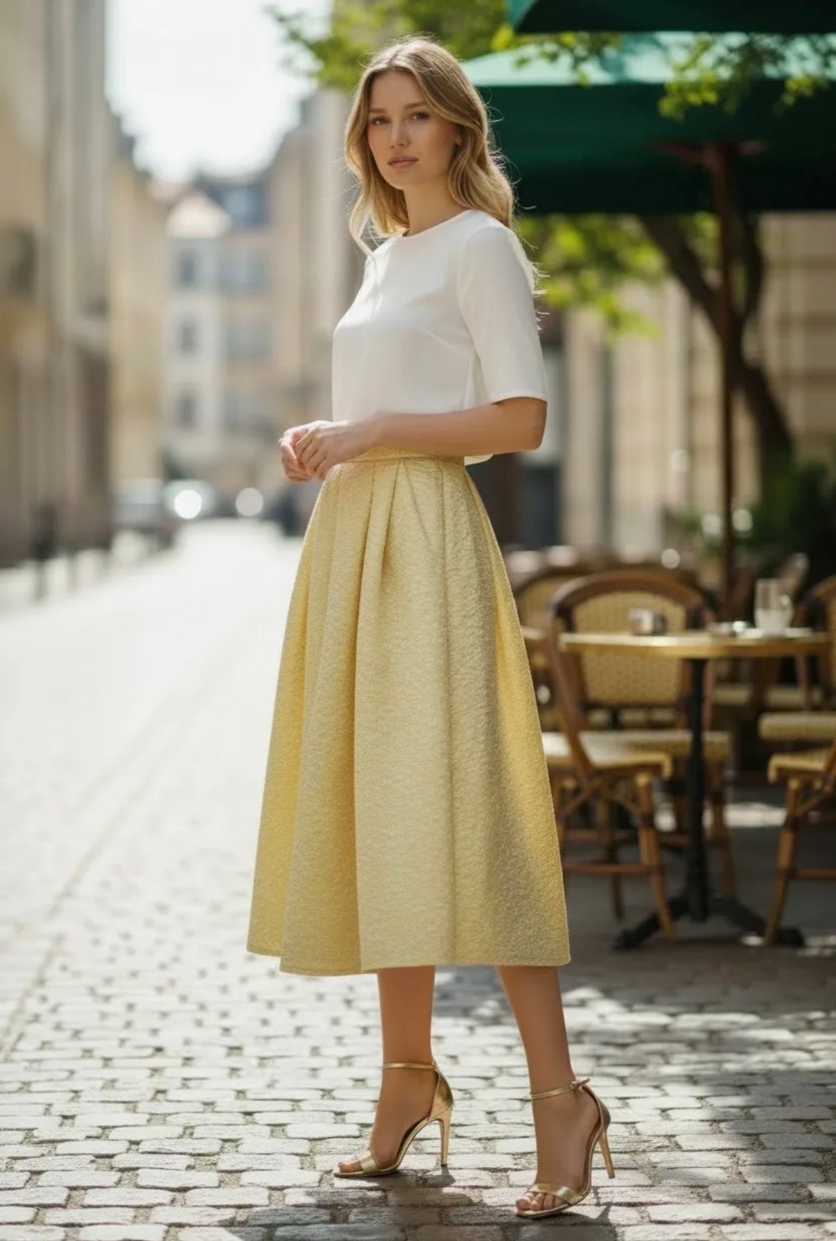 Satin Floral Midi Rock – ausgestellter 7/8 Rock mit strukturierter Blumenoptik & Taschen | Beige, Mint, Yellow & Schwarz