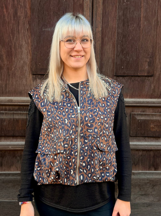 Leopardenprint Steppweste – Stylische ärmellose Damenweste mit Zipper