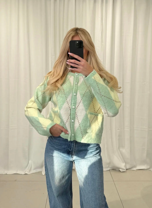 Pastell Argyle Cardigan Pullover – weicher Strick mit Knopfleiste in Hellgrün