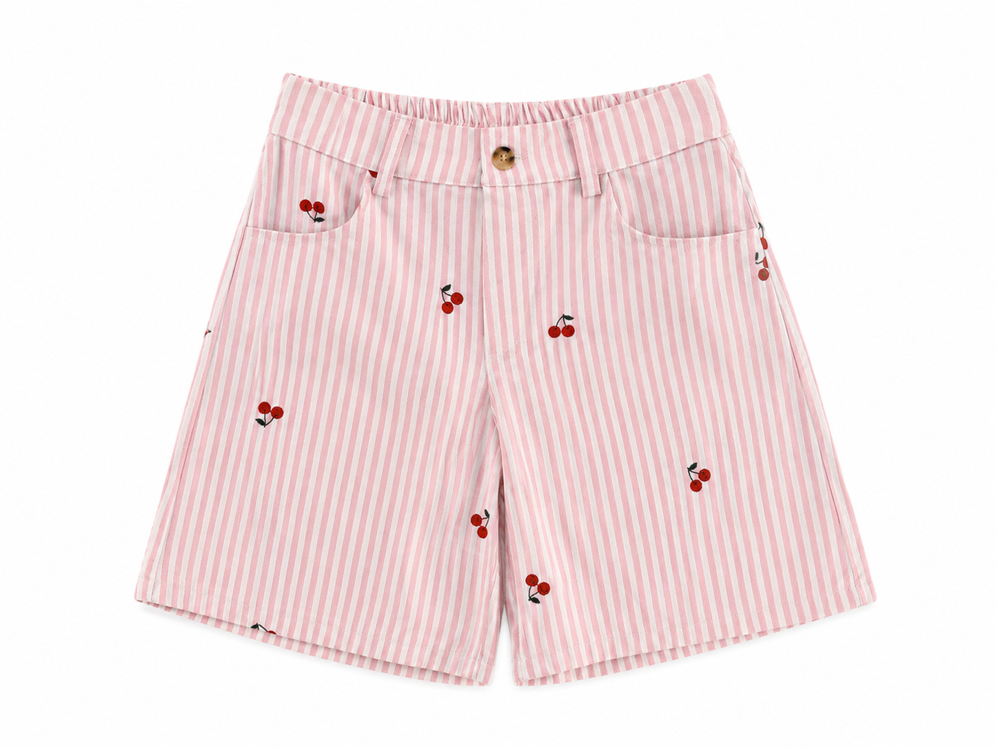 Gestreifte Baumwoll-Shorts mit Kirschstickerei – Hoher Bund