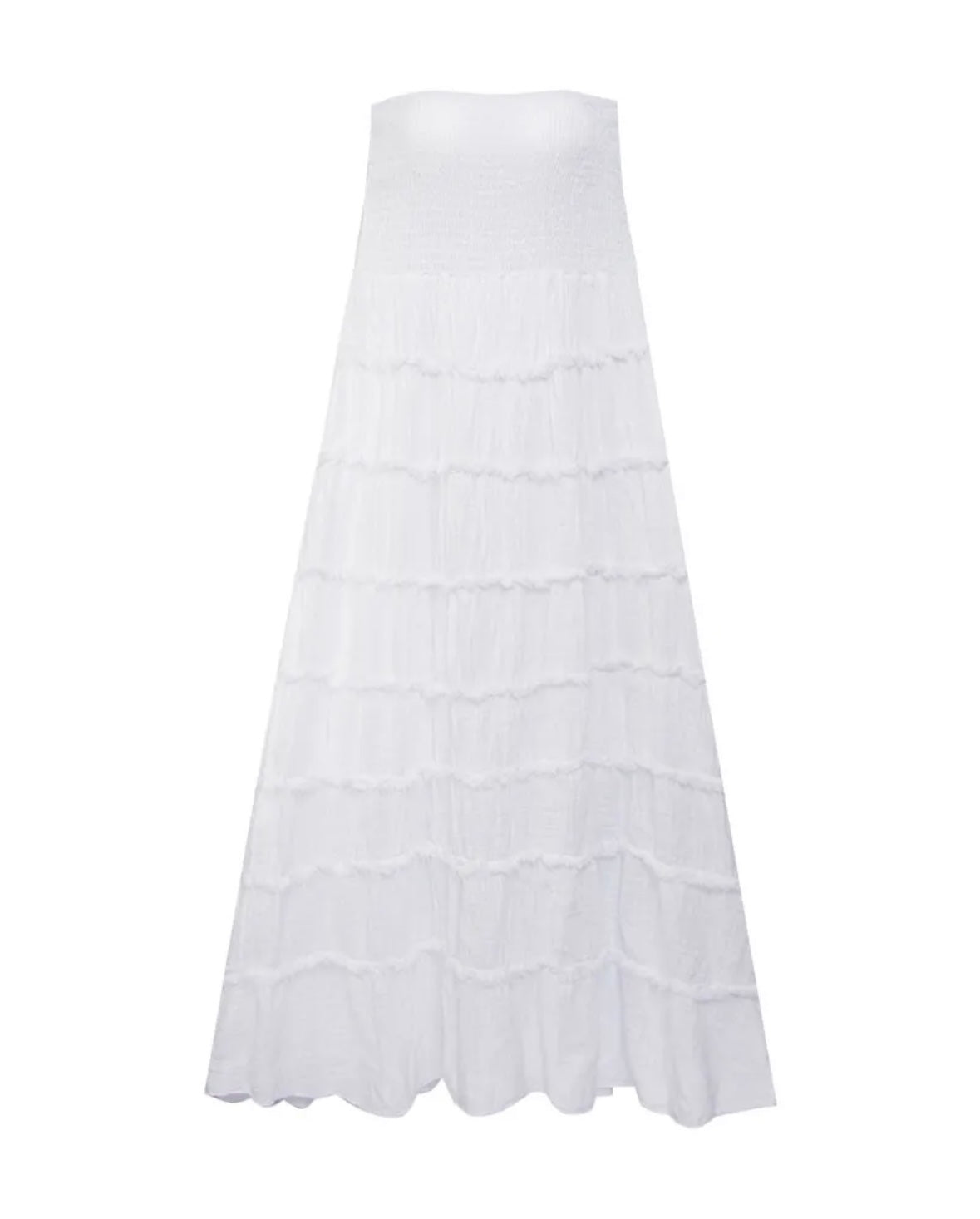 Strandkleid Bandeau Maxikleid – Boho Sommerkleid in Weiß | Smocked Fit mit Stufen