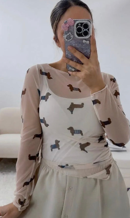 Mesh Shirt Damen Dackel Print – Transparentes Longsleeve | Made in Italy | Stretch Trend Top