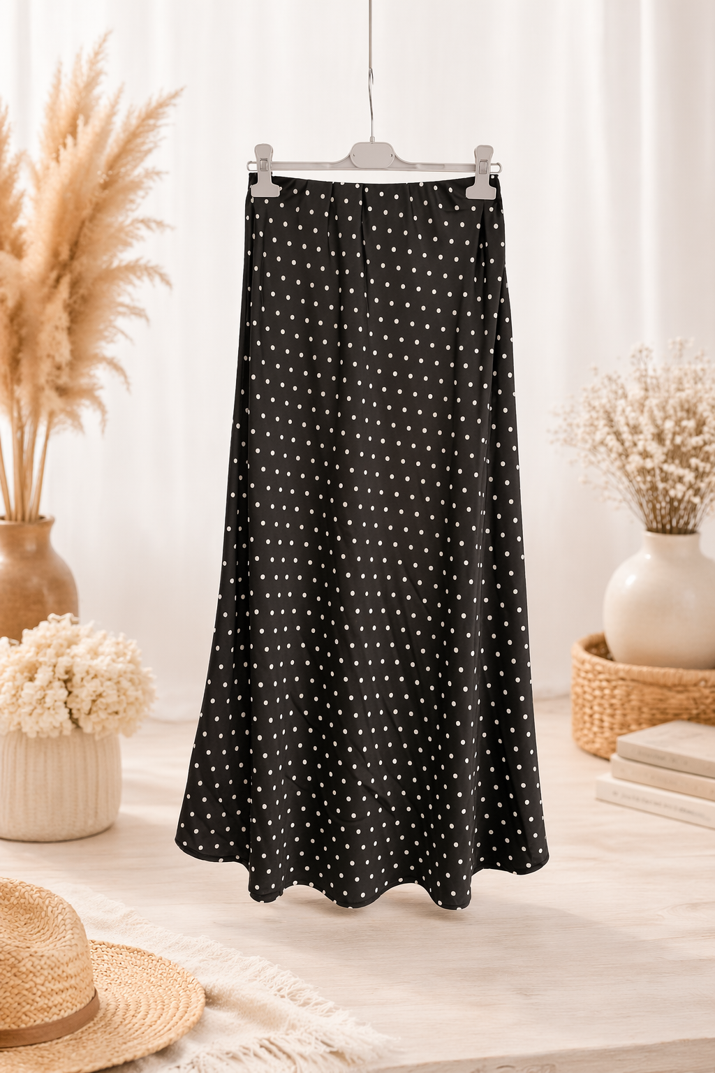 Satin Polka Dot Midi Rock – Fließender Punkte Rock