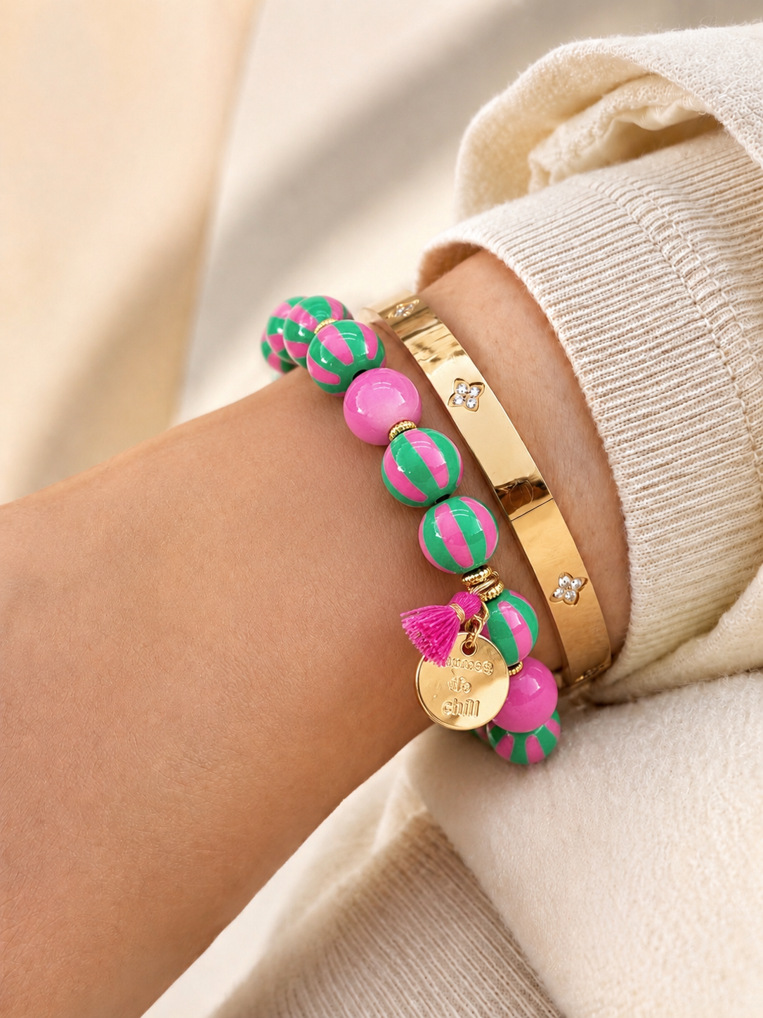 Armband SWEET CANDY STRIPE WOOD elastisches Perlenarmband
