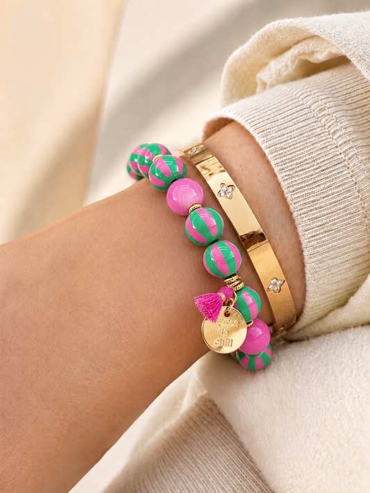 Armband SWEET CANDY STRIPE WOOD elastisches Perlenarmband