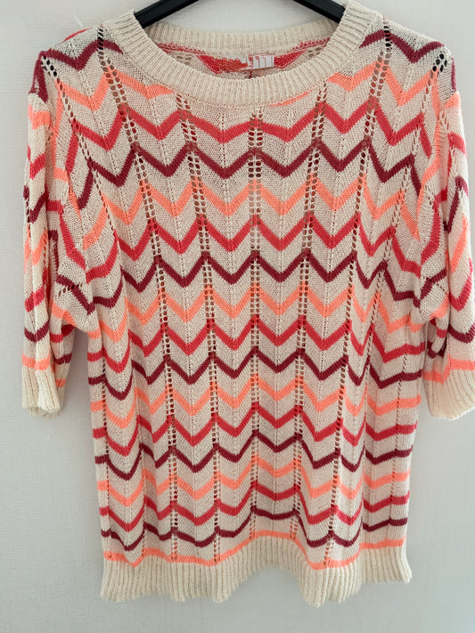 Boho Zickzack Strickpullover – Sommer Knit in Coral & Cream