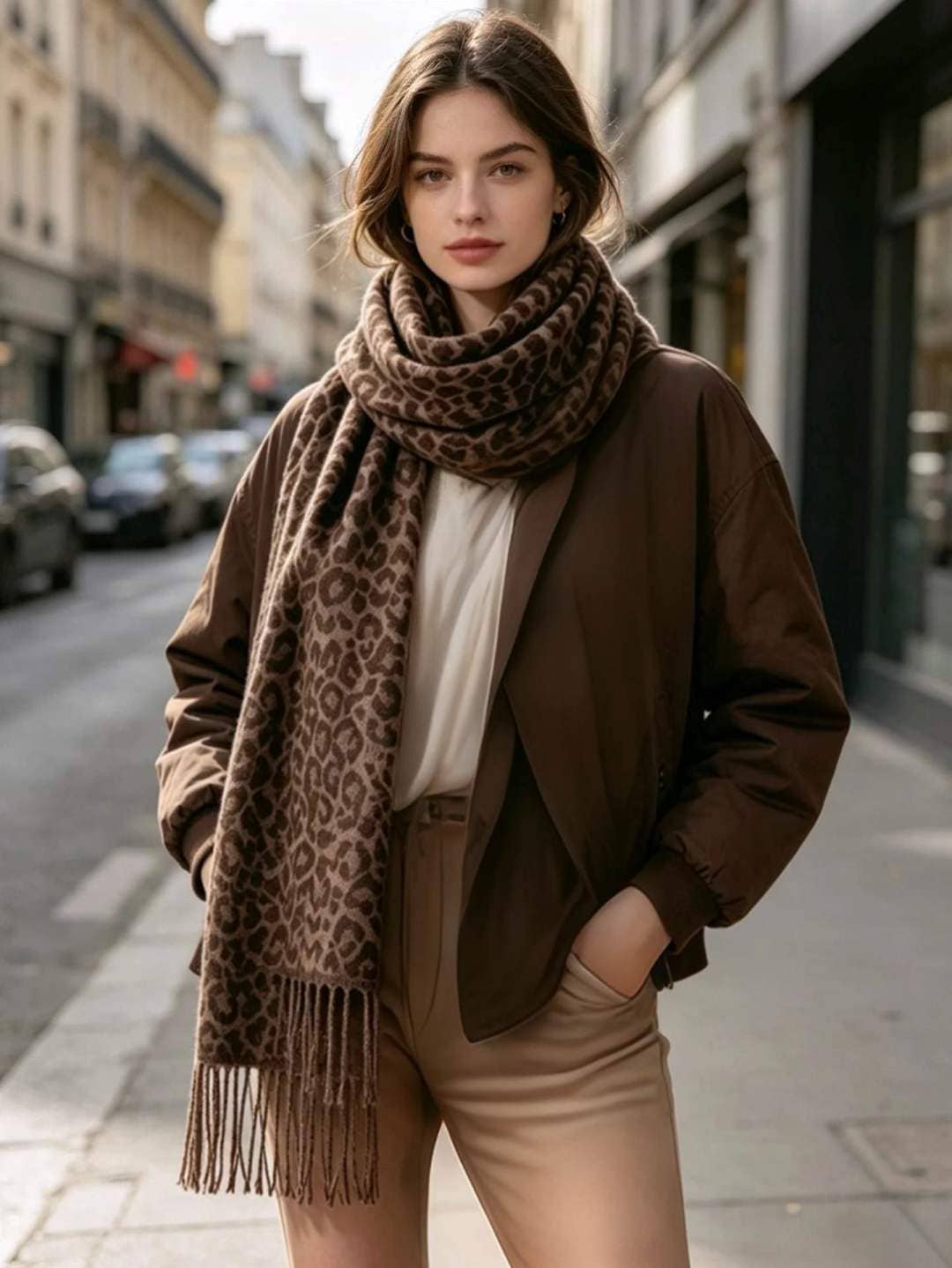 Damen-Schal mit Leopardenmuster und Fransen