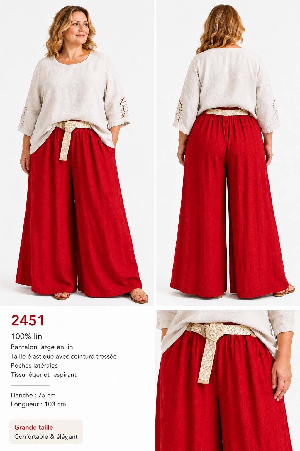 2451:Weite Leinenhose mit geflochtenem Gürtel2451