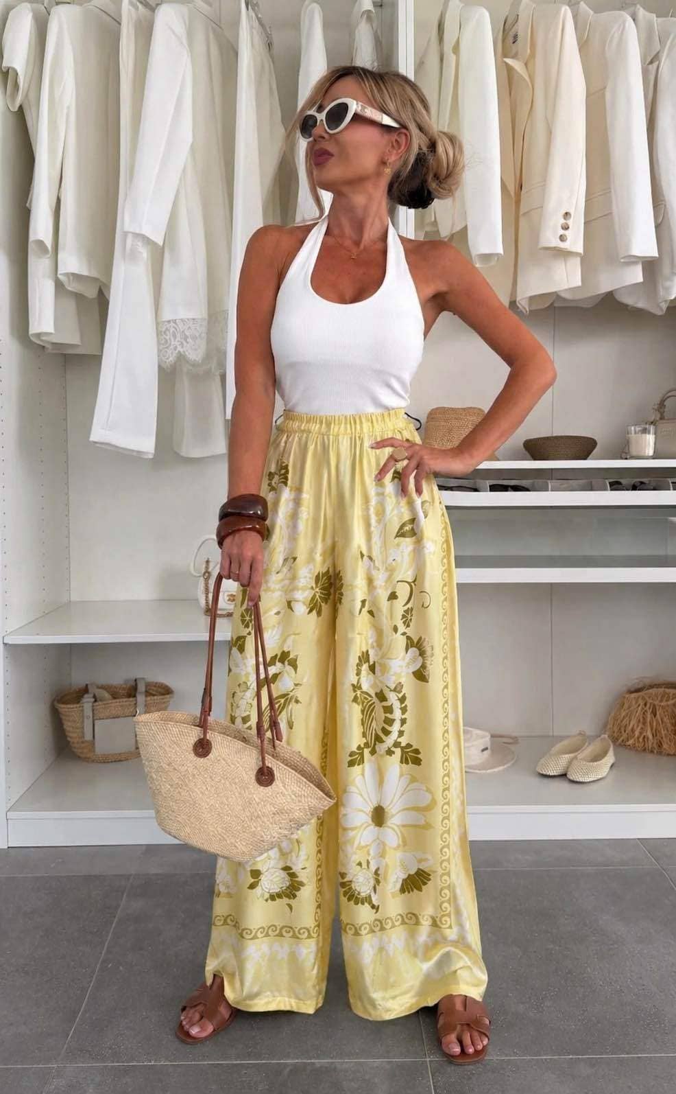 Satinhose mit floralem Print und elastischem Bund